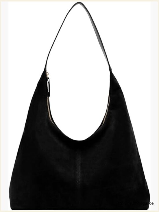 Handbags - Classic Black Suede Hobo Bag - Minimal Shoulder Tote
